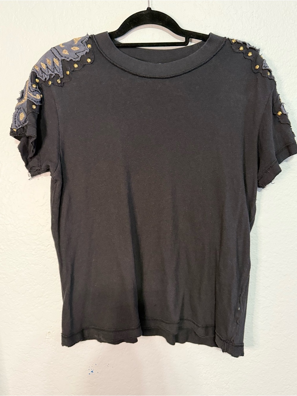 We The Free Black Short Sleeve Tee with Gold Stud Shoulder Embellish